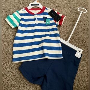 Tommy Hilfiger Blue and Green Striped Tee with matching shorts